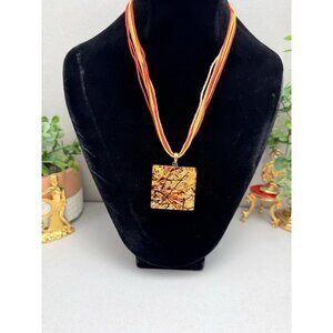 Multistrand Cord Necklace Square Art Glass Pendant Signed Doge 19"